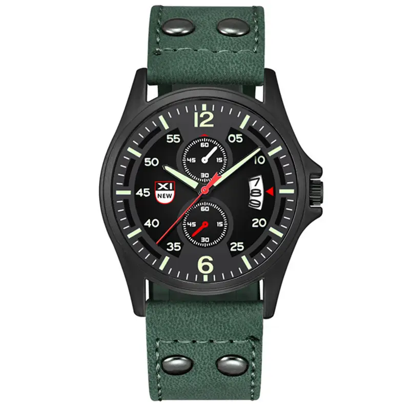 Men's Date Quartz Leather Band Watch Green Dial - Image 3