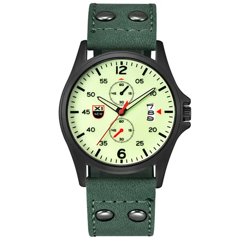 Men's Date Quartz Leather Band Watch Green Dial - Image 5