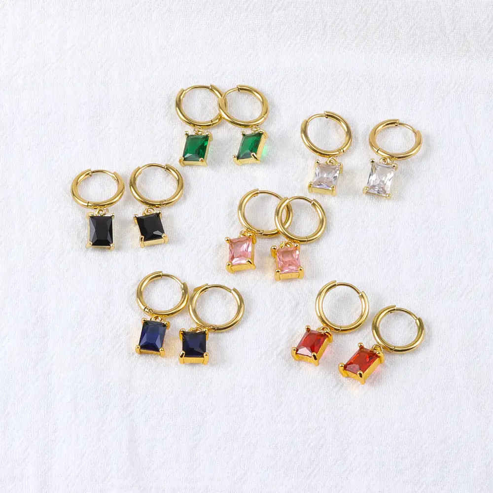 Gold Square Green Diamond Earrings Set — feature 5