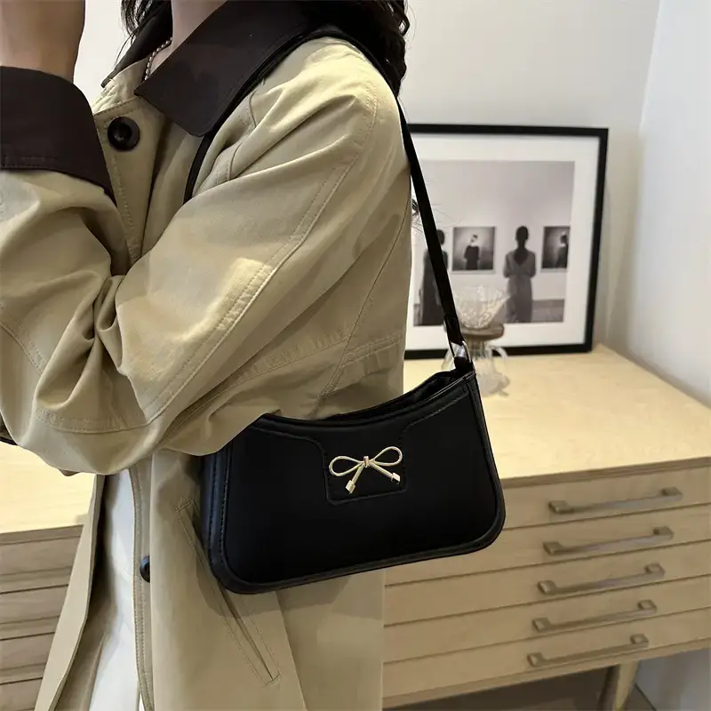 Black Bow Embroidered Shoulder Bag for Women