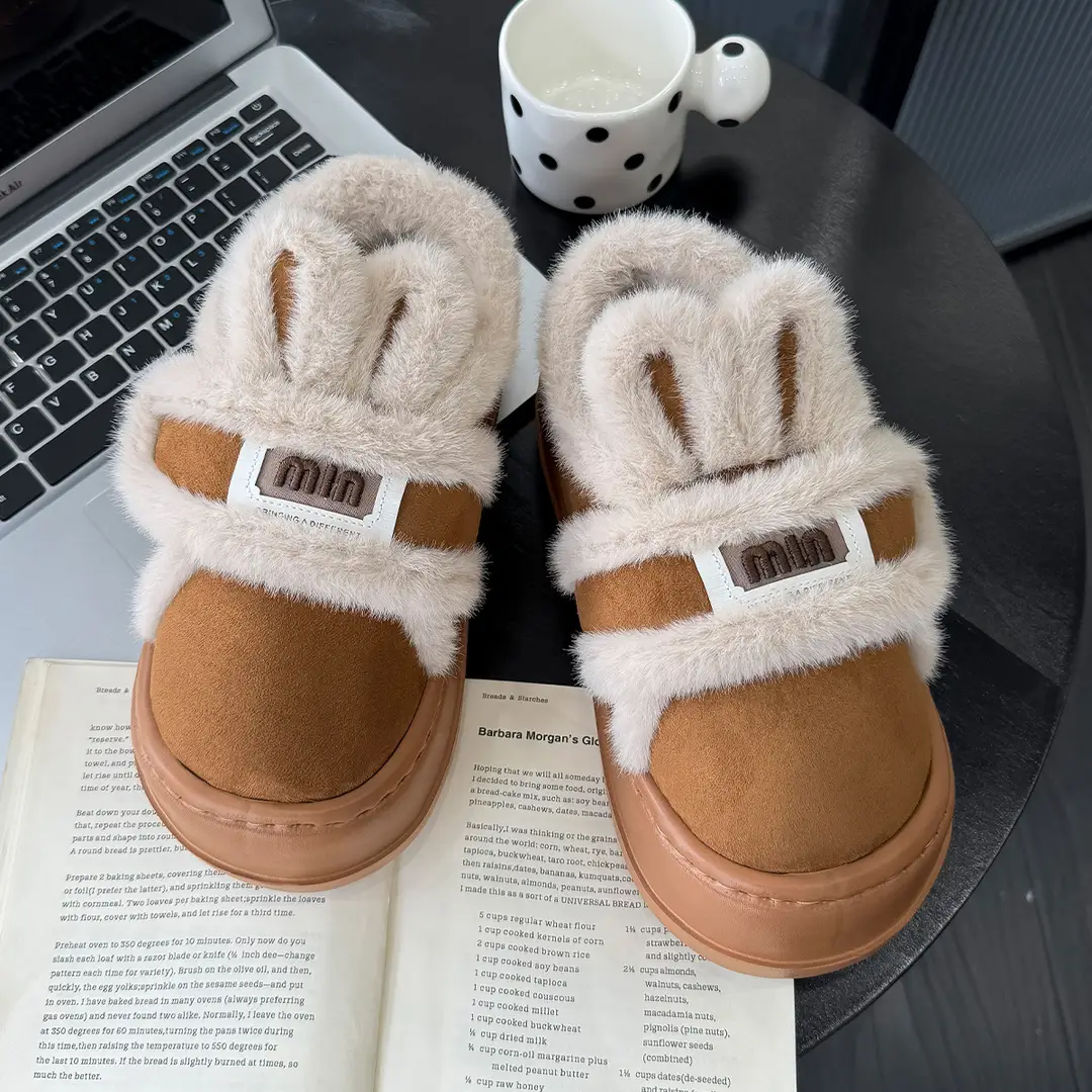 Thick bottom cotton shoes bag with cartoon rabbit ears velcro warm home non-slip plush winter cotton slippers women wholesale - Image 4
