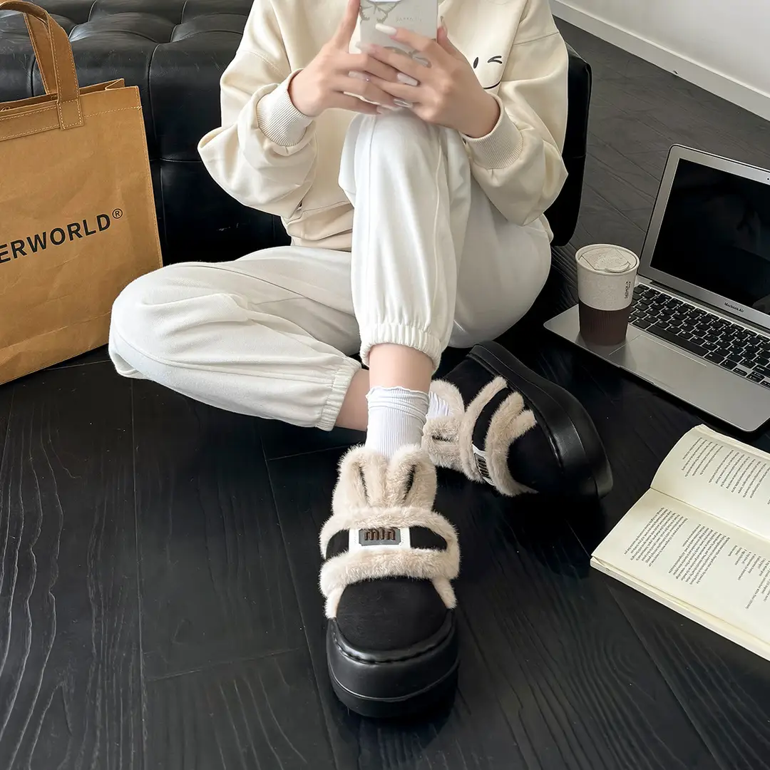 Thick bottom cotton shoes bag with cartoon rabbit ears velcro warm home non-slip plush winter cotton slippers women wholesale - Image 6