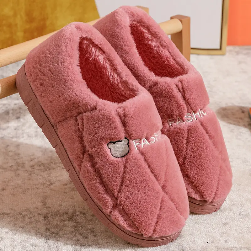 Pink Cotton Slippers for Men Women Warm Indoor Non-Slip - Image 2