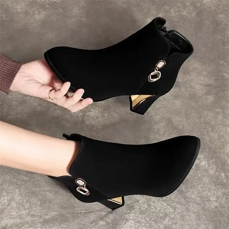 Women's Black Fleece Lined Warm Ankle Boots with Thick Heel