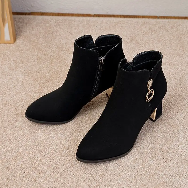 Women's Black Fleece Lined Warm Ankle Boots with Thick Heel