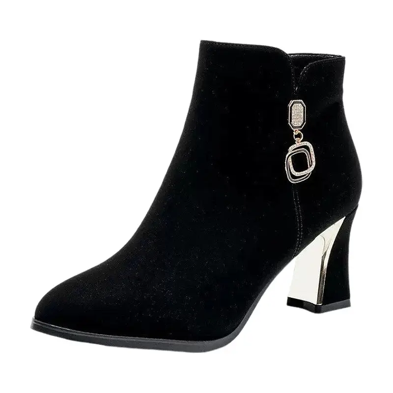 Women's Black Fleece Lined Warm Ankle Boots with Thick Heel