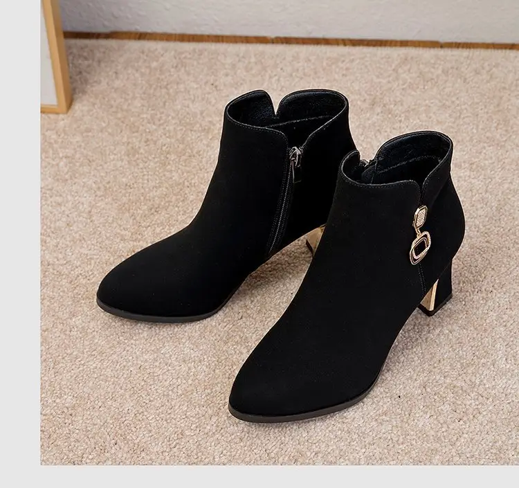 Women's Black Fleece Lined Warm Ankle Boots with Thick Heel — feature 8
