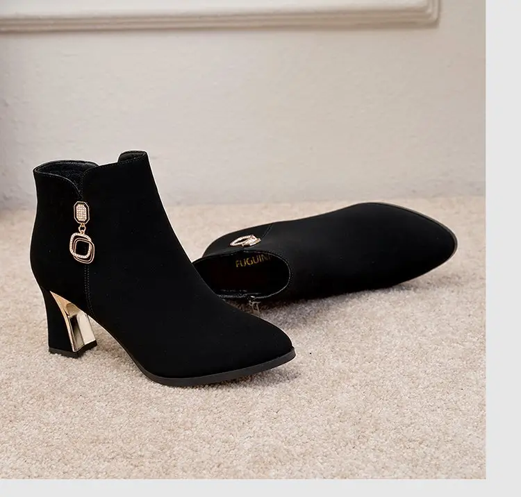 Women's Black Fleece Lined Warm Ankle Boots with Thick Heel — feature 9