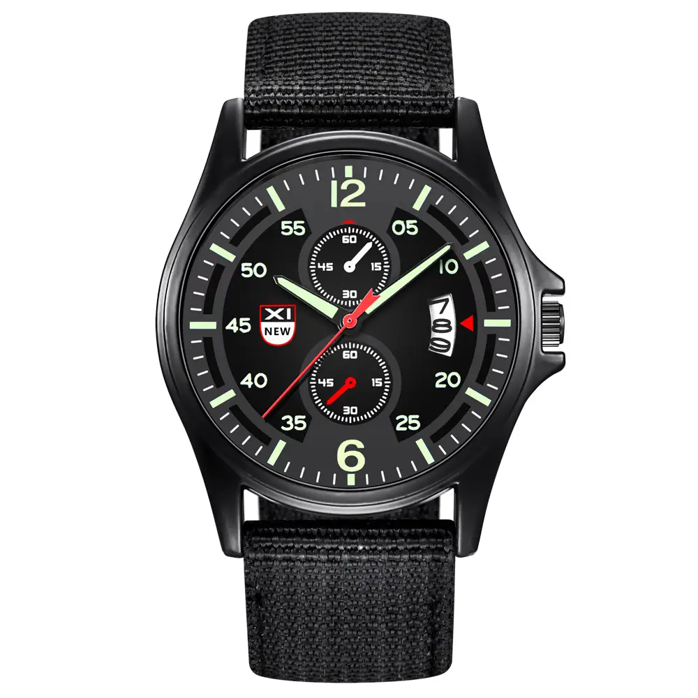Men's Black Leather Date Quartz Watch with Green Dial - Image 14
