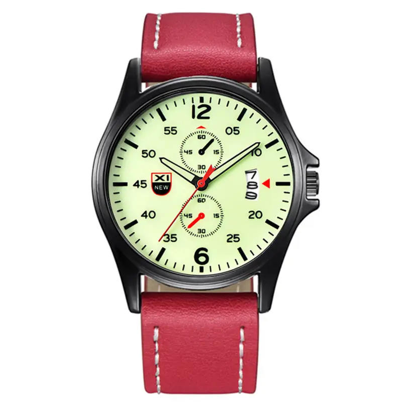 Men's Black Leather Date Quartz Watch with Green Dial - Image 10