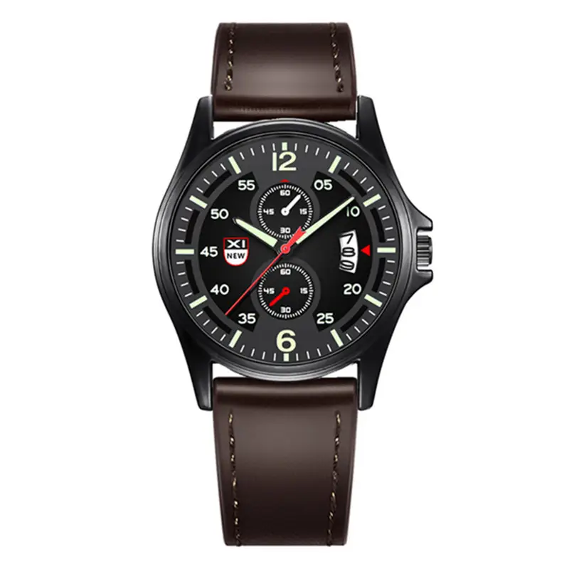 Men's Black Leather Date Quartz Watch with Green Dial - Image 2