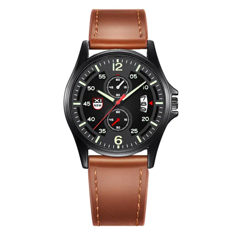 Men's Black Leather Date Quartz Watch with Green Dial - Image 4