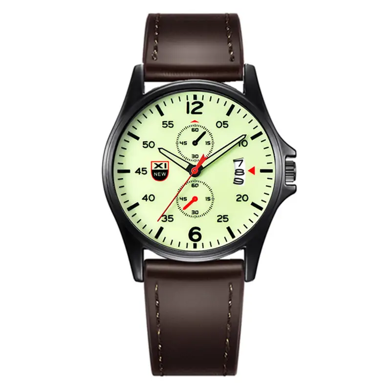 Men's Black Leather Date Quartz Watch with Green Dial - Image 7