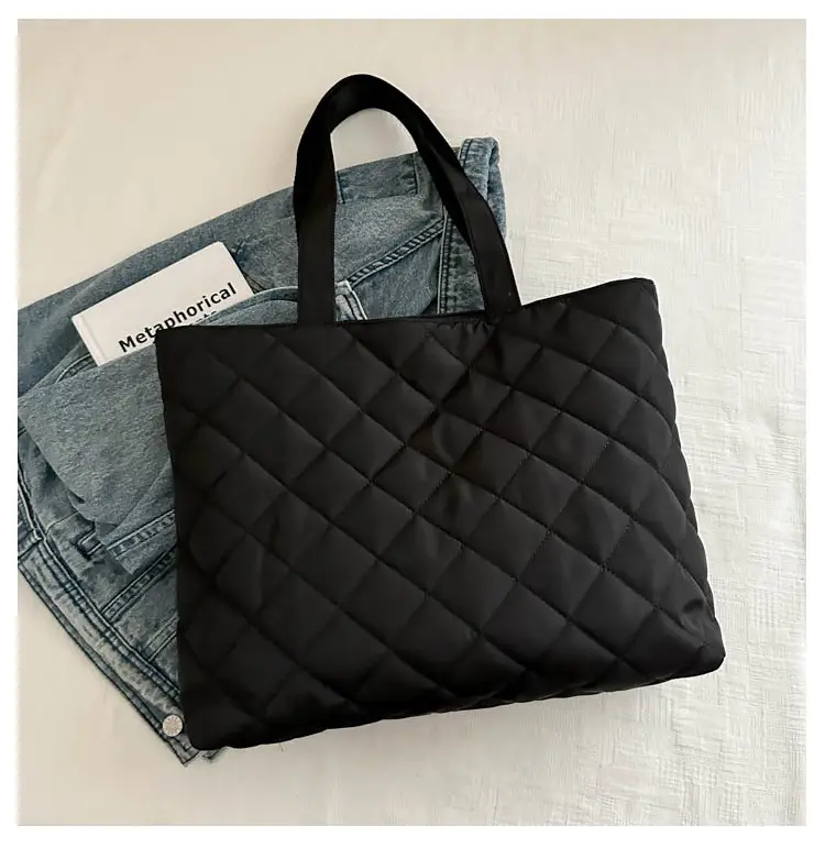 Large Capacity Japanese Korean Diamond Plaid Cotton Tote Bag — feature 26