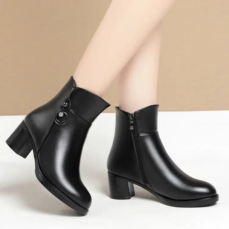 Women's Fleece Lined Faux Leather Boots with Thick Heel