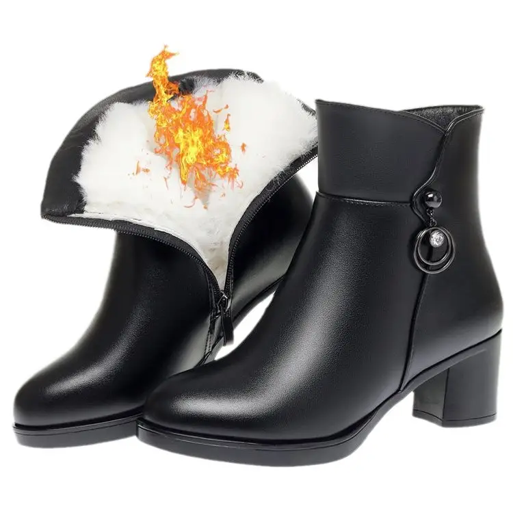 Women's Fleece Lined Faux Leather Boots with Thick Heel