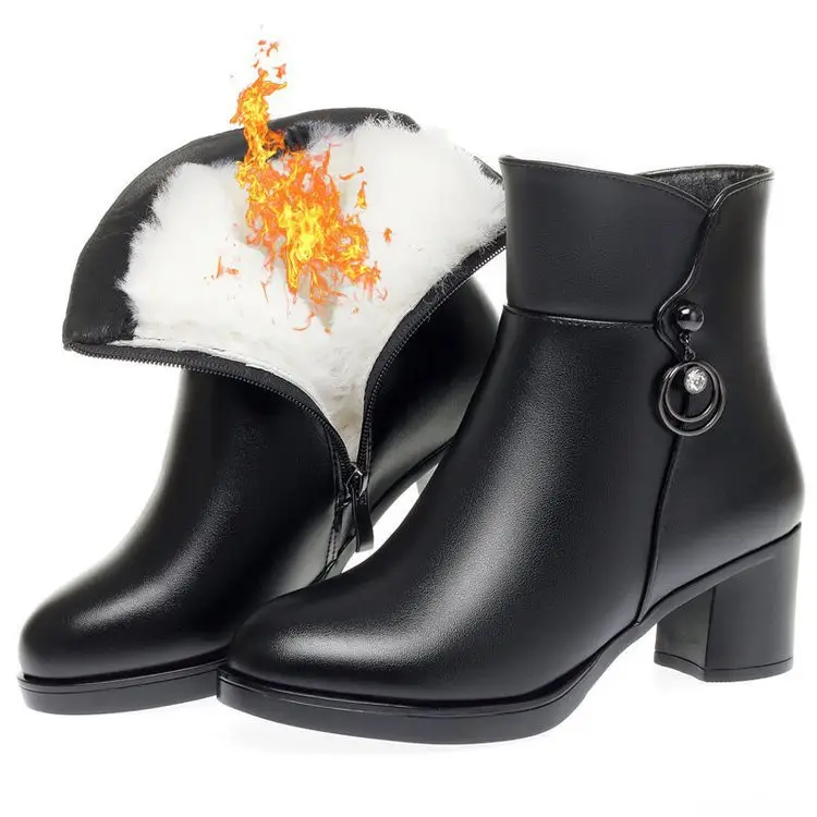 Women's Fleece Lined Faux Leather Boots with Thick Heel — feature 2