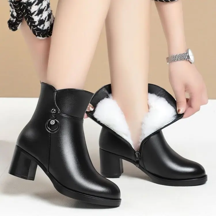 Women's Fleece Lined Faux Leather Boots with Thick Heel — feature 3