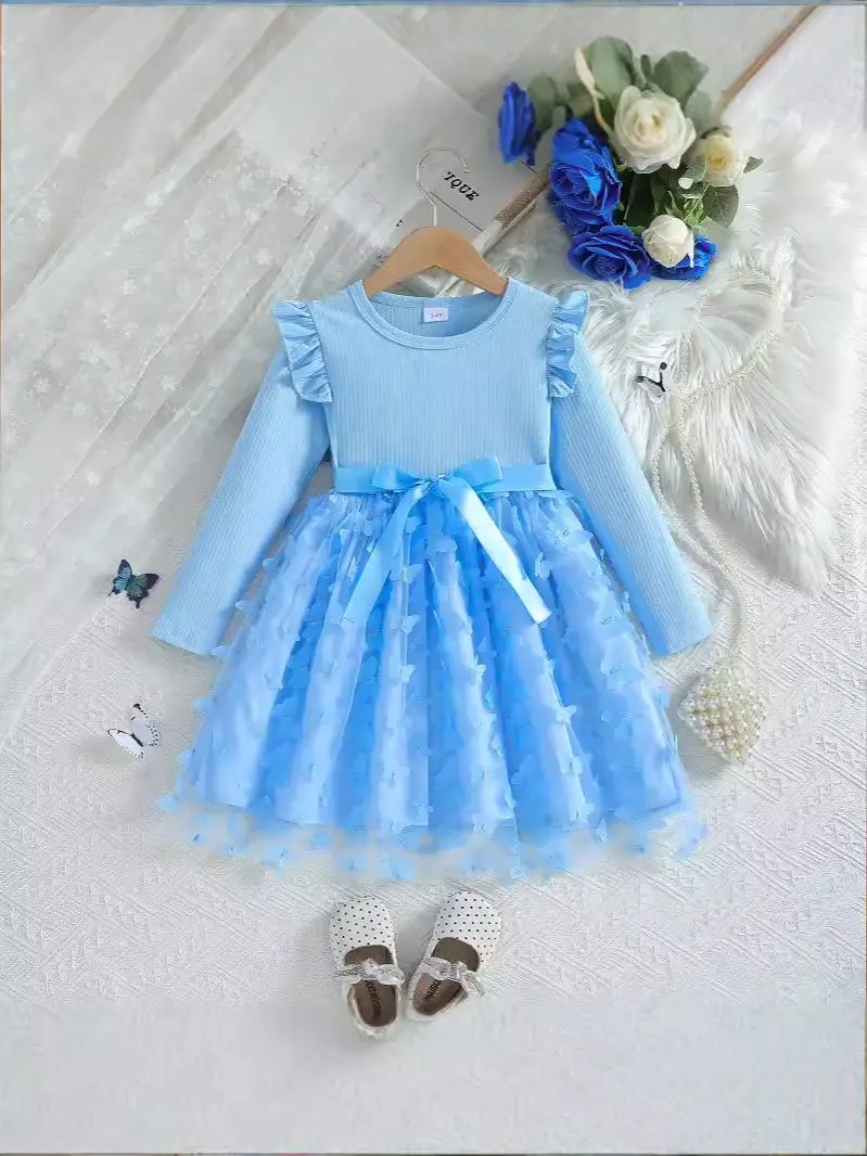 Girls 3D Butterfly Dress Pink Long Sleeve Belted - Image 6