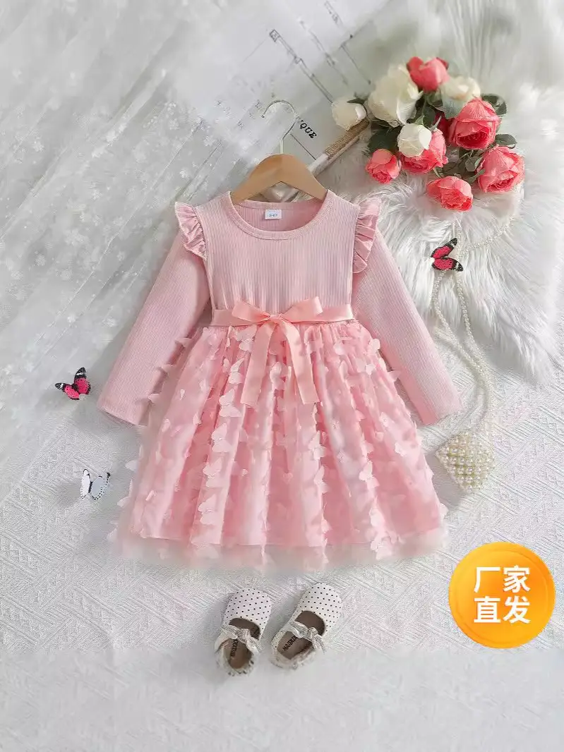 Girls 3D Butterfly Dress Pink Long Sleeve Belted - Image 7