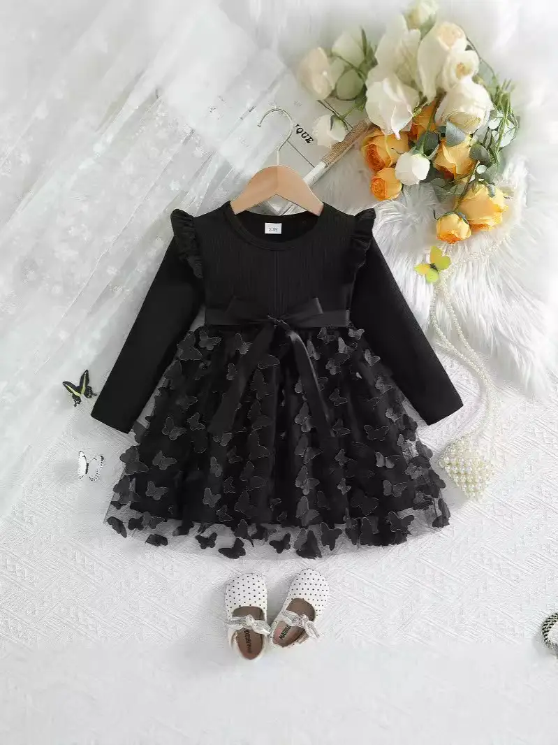 Girls 3D Butterfly Dress Pink Long Sleeve Belted - Image 8