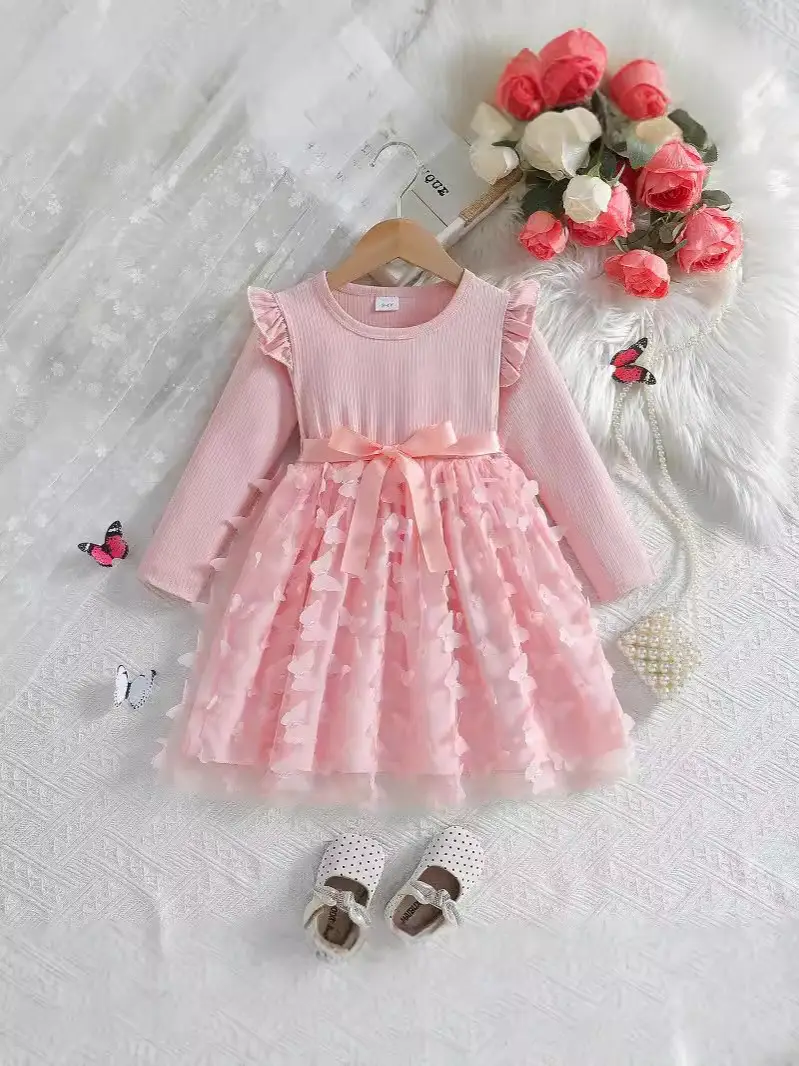 Girls 3D Butterfly Dress Pink Long Sleeve Belted - Image 9