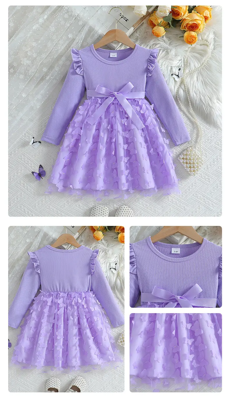 Girls 3D Butterfly Dress Pink Long Sleeve Belted — feature 11