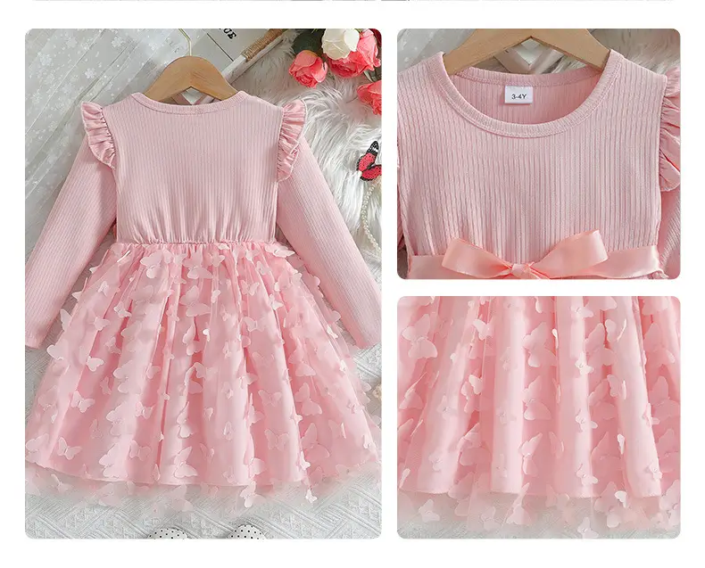 Girls 3D Butterfly Dress Pink Long Sleeve Belted — feature 9