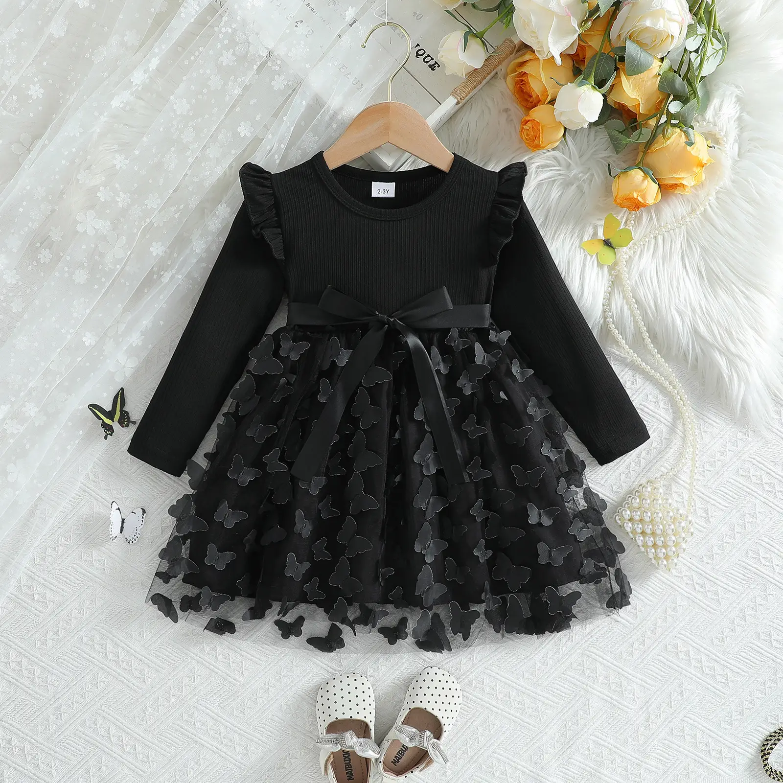 Girls 3D Butterfly Dress Pink Long Sleeve Belted - Image 2