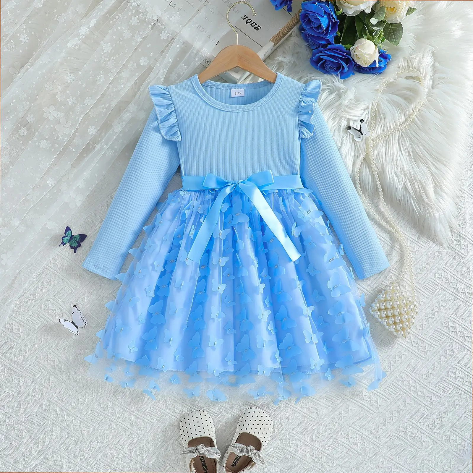 Girls 3D Butterfly Dress Pink Long Sleeve Belted - Image 3