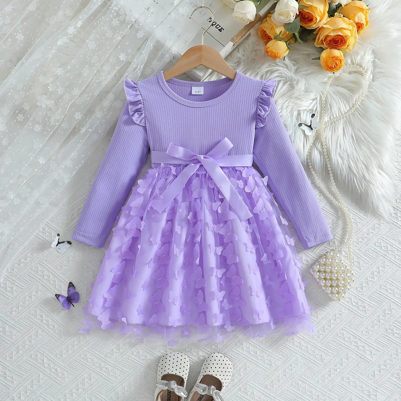 Girls 3D Butterfly Dress Pink Long Sleeve Belted - Image 4