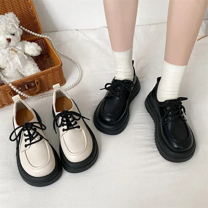 Women British Style Black Leather Muffin Shoes with Thick Bottom - Image 4