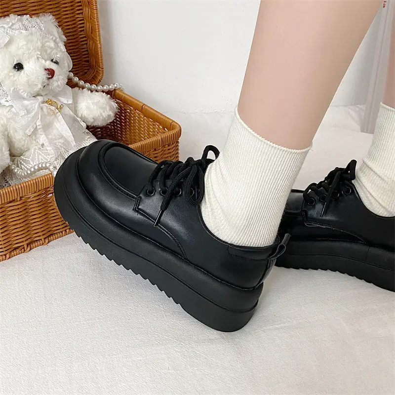 Women British Style Black Leather Muffin Shoes with Thick Bottom - Image 5