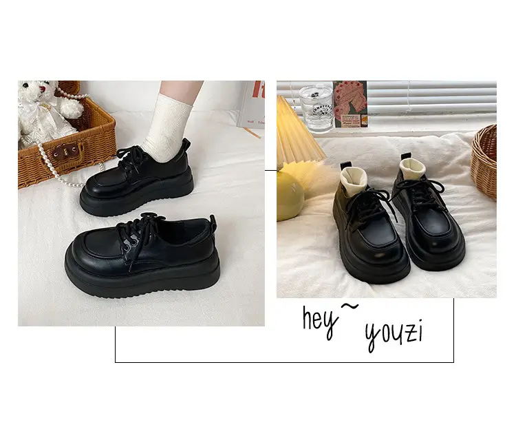 Women British Style Black Leather Muffin Shoes with Thick Bottom — feature 12