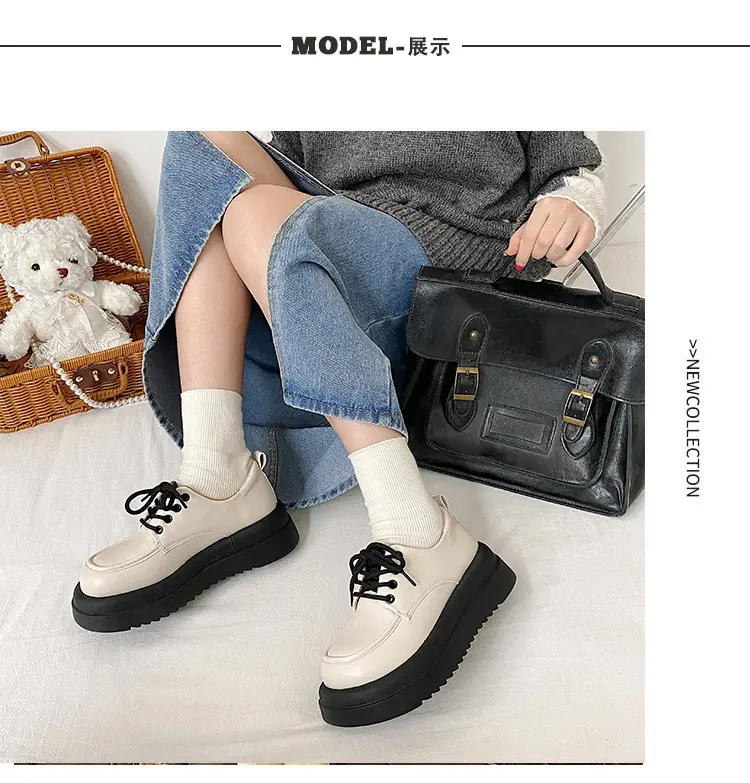 Women British Style Black Leather Muffin Shoes with Thick Bottom — feature 2