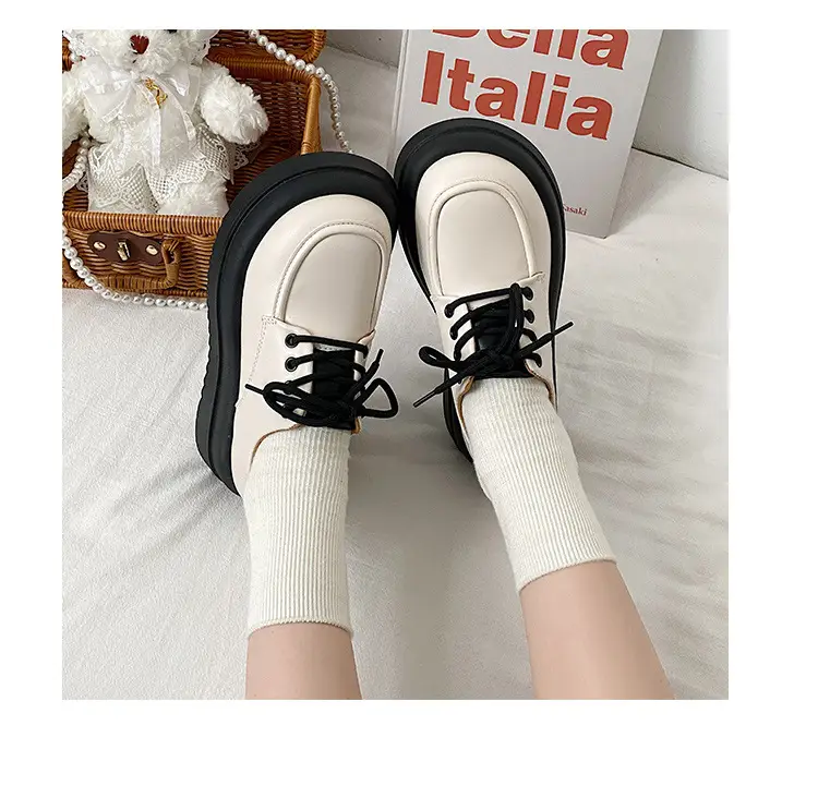 Women British Style Black Leather Muffin Shoes with Thick Bottom — feature 4