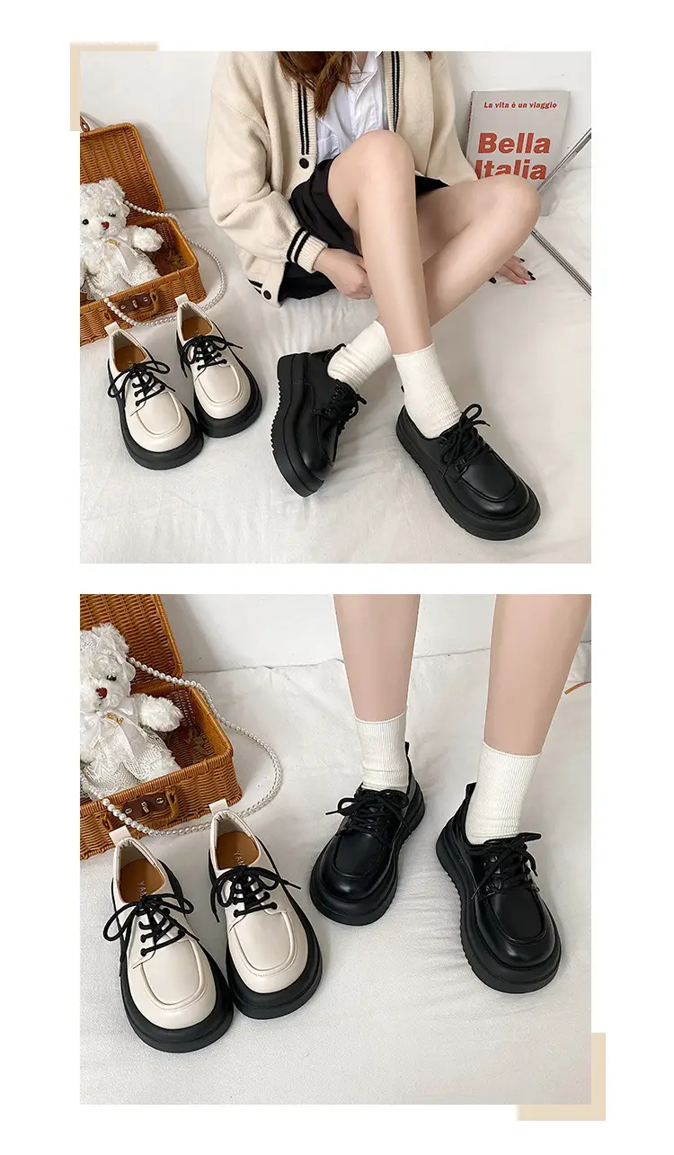 Women British Style Black Leather Muffin Shoes with Thick Bottom — feature 7