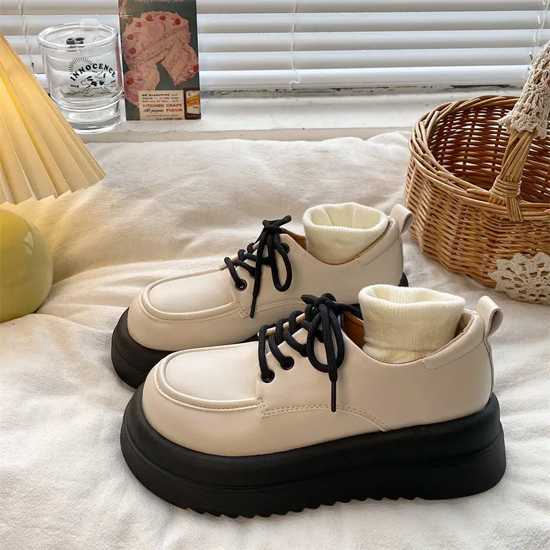 Women British Style Black Leather Muffin Shoes with Thick Bottom - Image 2