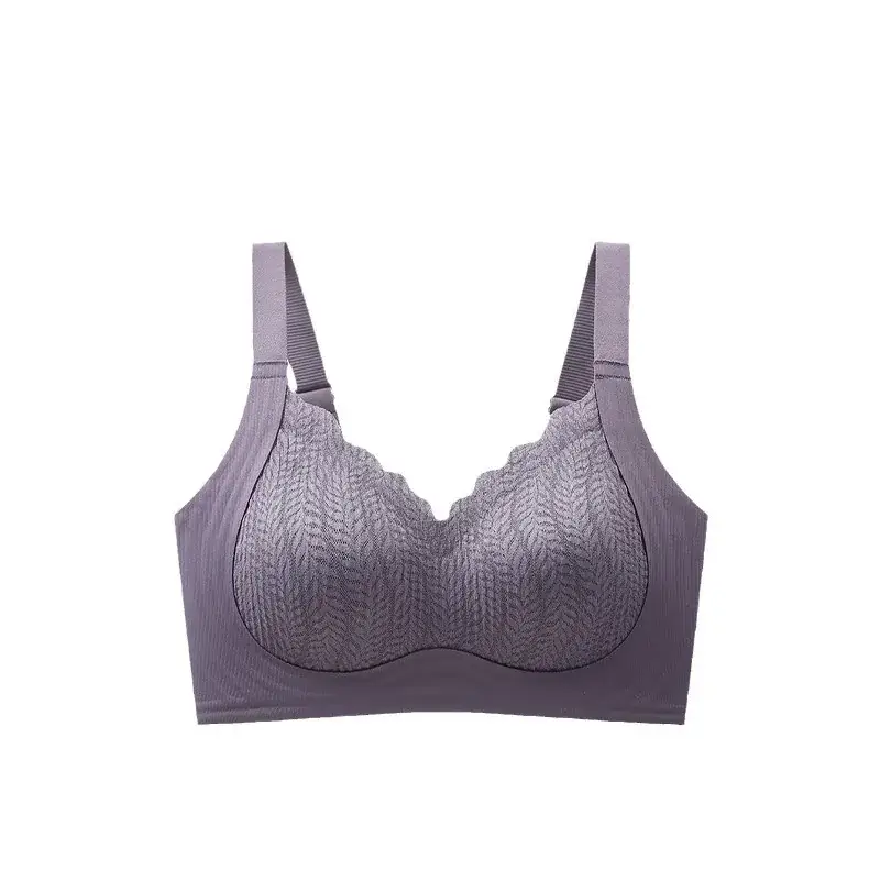 Purple Lace Non-Steel Ring Fixed Cup Bra for Women - Image 11
