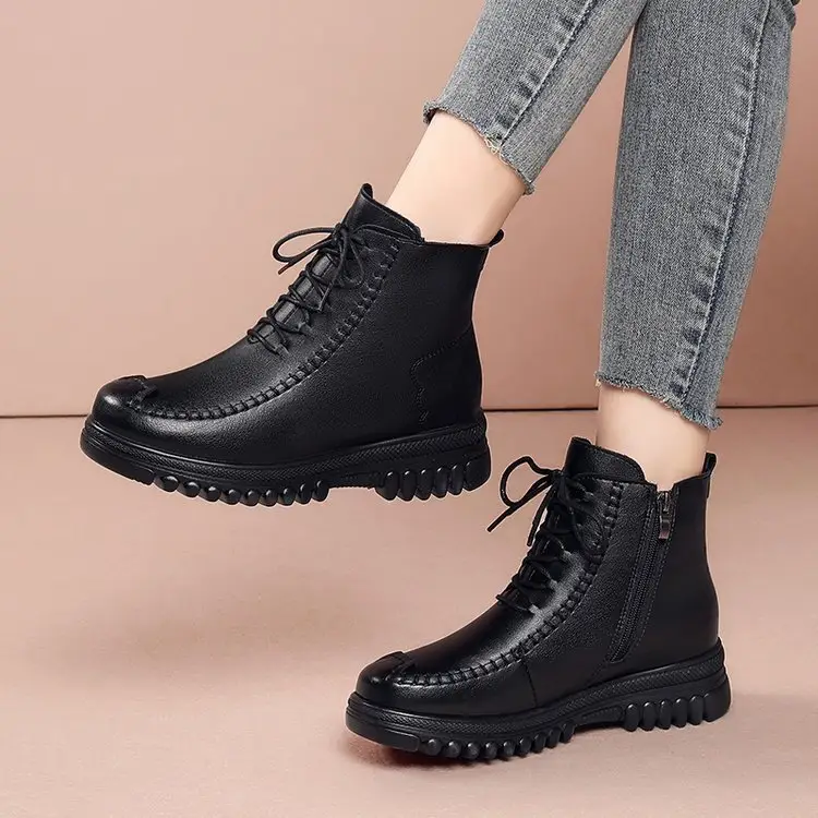 Black Leather Snow Boots with Fleece Lining & Thick Sole — feature 9