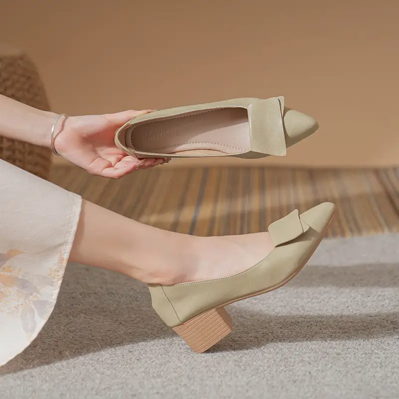 High-Heeled Shoes for Women, Chunky Heel, 2024 New Fairy Style Shallow Mouth Soft Leather Mid-Heel Shoes, Mother's Size Women's Shoes, Grandma Shoes, Versatile - Image 11