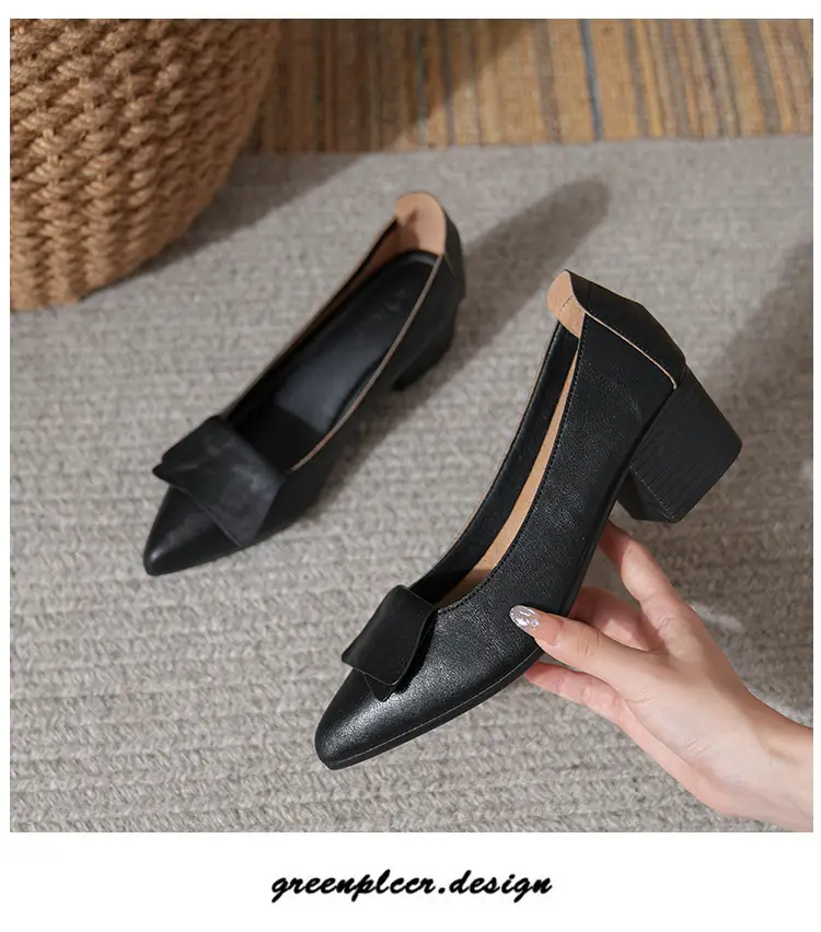 High-Heeled Shoes for Women, Chunky Heel, 2024 New Fairy Style Shallow Mouth Soft Leather Mid-Heel Shoes, Mother's Size Women's Shoes, Grandma Shoes, Versatile — feature 19