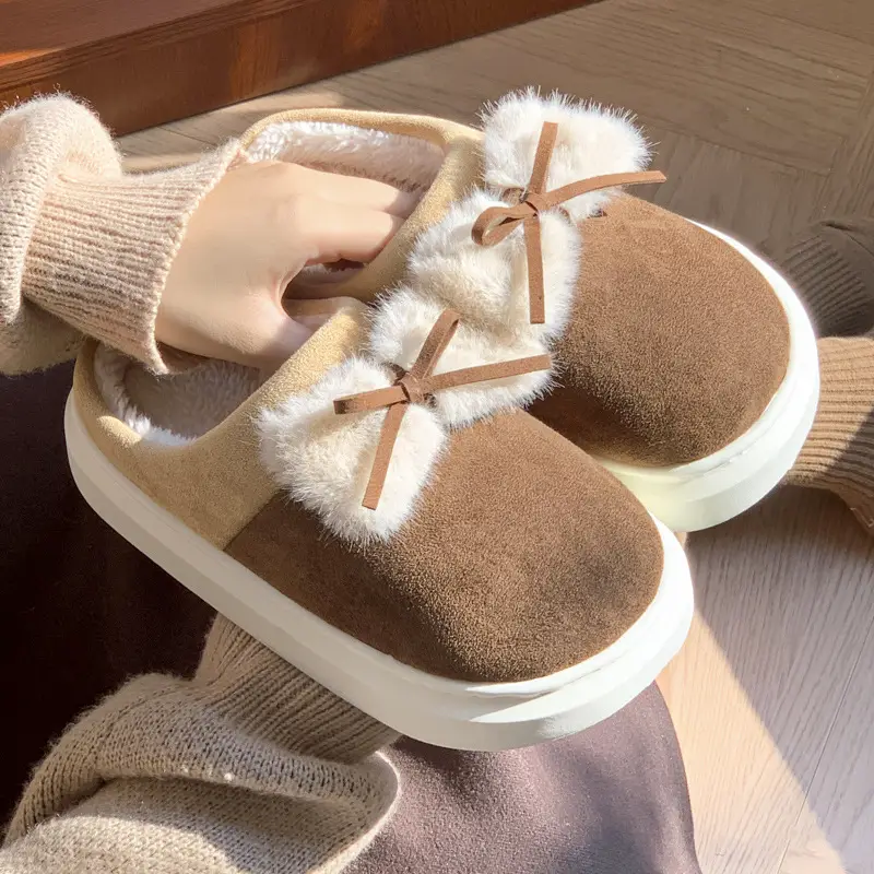 2024 New Style Cotton Slippers Women's Winter Home Room Add Velvet Bow Cute Student Dormitory Warm Cotton Slippers