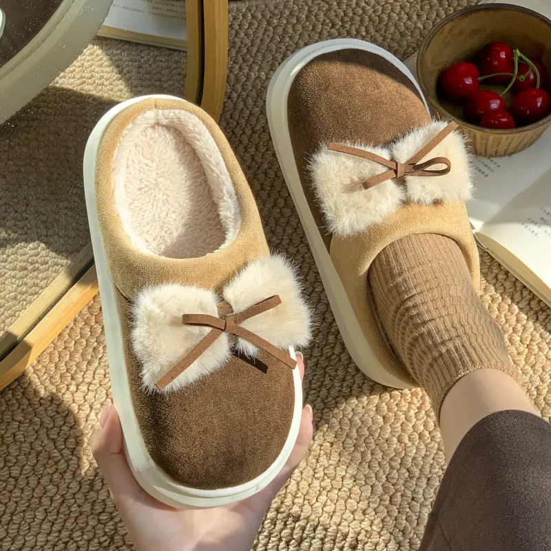 2024 New Style Cotton Slippers Women's Winter Home Room Add Velvet Bow Cute Student Dormitory Warm Cotton Slippers