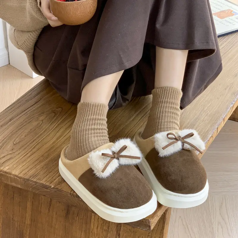 2024 New Style Cotton Slippers Women's Winter Home Room Add Velvet Bow Cute Student Dormitory Warm Cotton Slippers