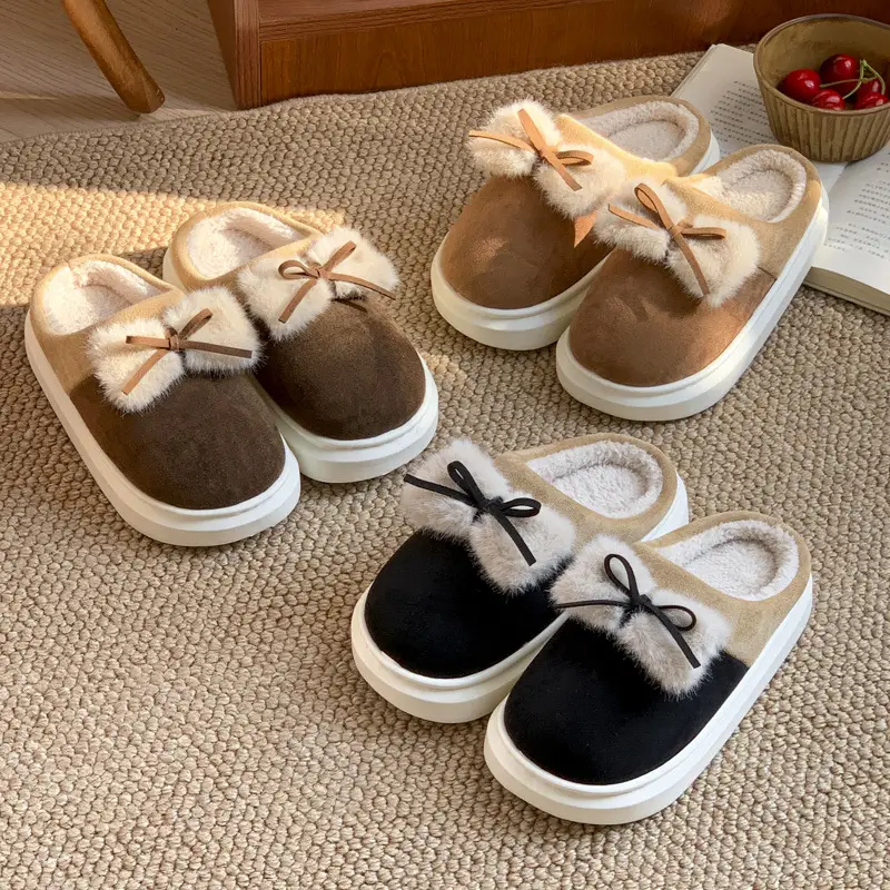 2024 New Style Cotton Slippers Women's Winter Home Room Add Velvet Bow Cute Student Dormitory Warm Cotton Slippers