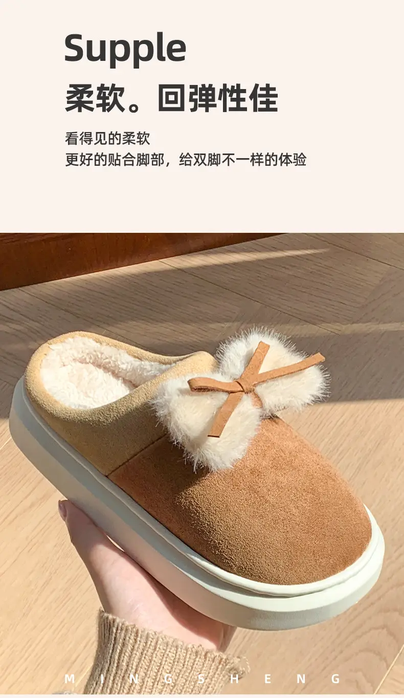 2024 New Style Cotton Slippers Women's Winter Home Room Add Velvet Bow Cute Student Dormitory Warm Cotton Slippers — feature 12