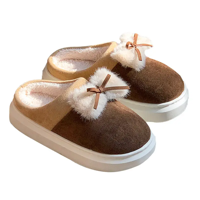 2024 New Style Cotton Slippers Women's Winter Home Room Add Velvet Bow Cute Student Dormitory Warm Cotton Slippers