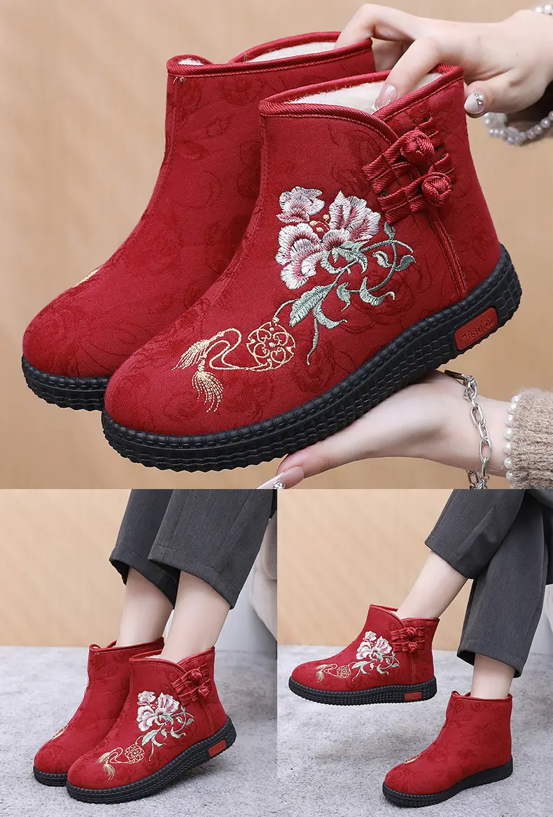 Winter Old Beijing Cloth Shoes Women's Cotton Shoes Ethnic Style Short Boots fleece-lined Warm Mother Shoes Chinese Style Embroidered Women's Cotton Boots — feature 13