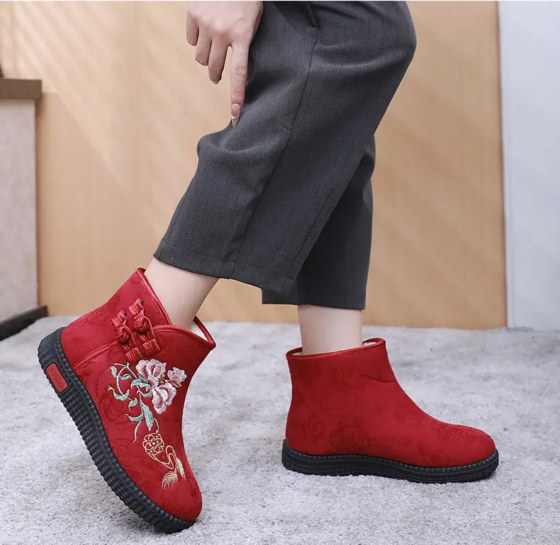 Winter Old Beijing Cloth Shoes Women's Cotton Shoes Ethnic Style Short Boots fleece-lined Warm Mother Shoes Chinese Style Embroidered Women's Cotton Boots — feature 14